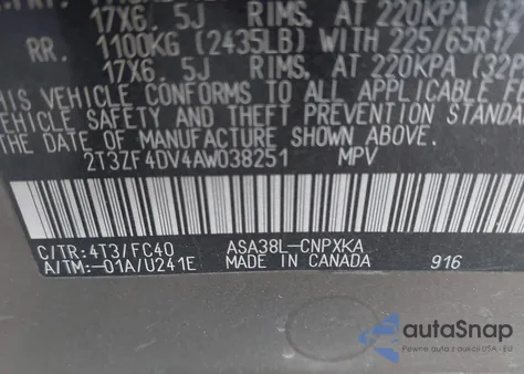 2010 Toyota Rav4 из США, поврежденный, VIN 2T3ZF4DV4AW038251